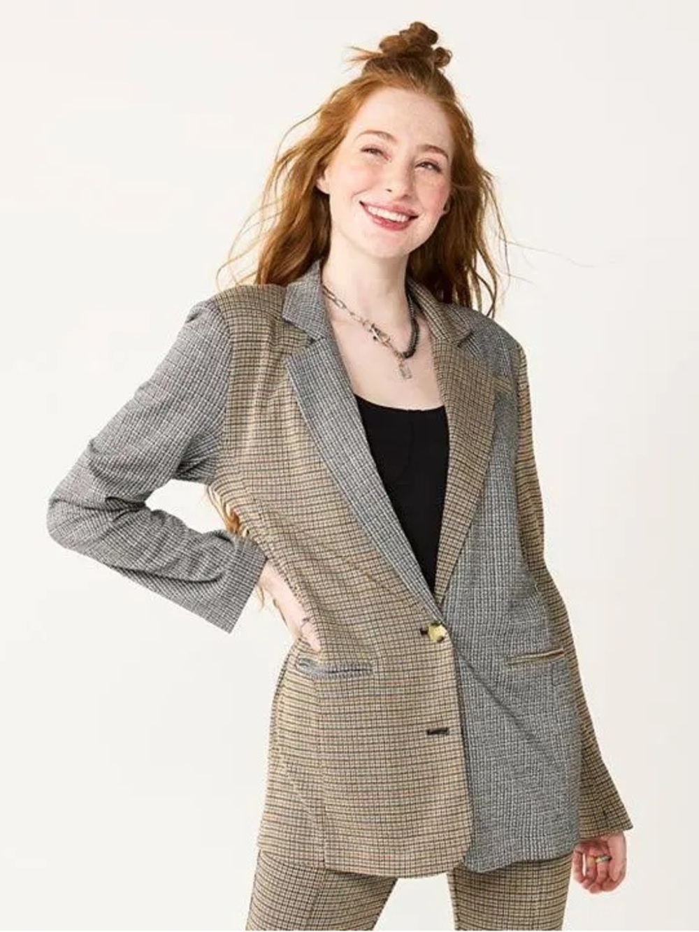 Oversized Mixed Plaid Blazer